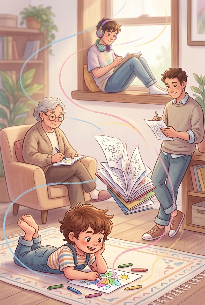 Beryl S colouring books flat lay with coloured pencils